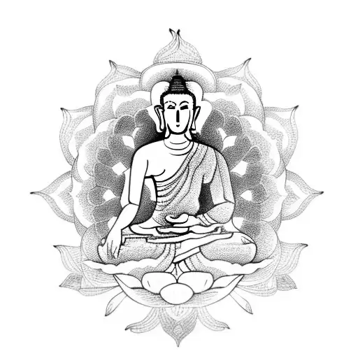Thai Buddha meditating in a lotus position surrounded by intricate mandalas tattoo design idea