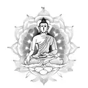 Thai Buddha meditating in a lotus position surrounded by intricate mandalas tattoo design idea