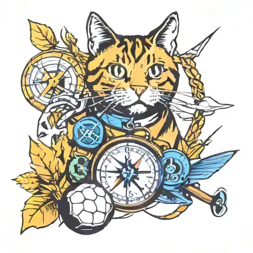 Cat, Compass, Soccer ball, Airplane, Yerba mate straw tattoo design idea