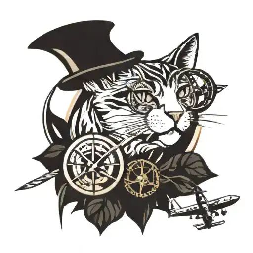 Cat, Compass, Soccer ball, Commercial airplane, Mate straw tattoo design idea