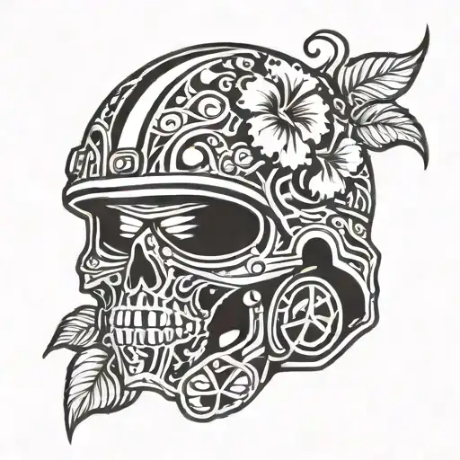 American Combat Helmet with hibiscus flower intertwined tattoo design idea