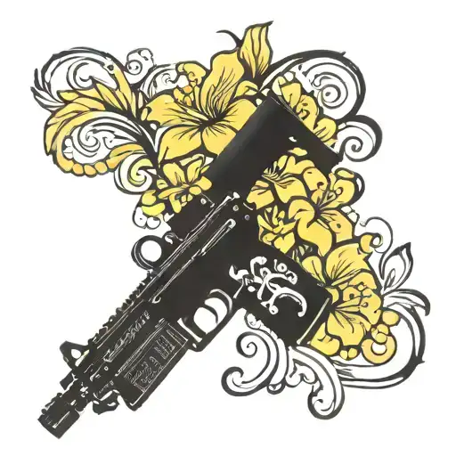 M4A1 Semi-Automatic rifle  with yellow hibiscus flower intertwined tattoo design idea