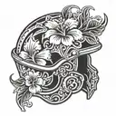 American Combat Helmet with hibiscus flower intertwined tattoo design idea