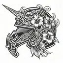 American combat helmet with Hibiscus flower intertwined tattoo design idea