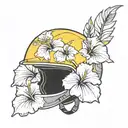 yellow hibiscus flower on a modern combat helmet tattoo design idea