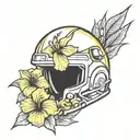 yellow hibiscus flower on a modern combat helmet tattoo design idea