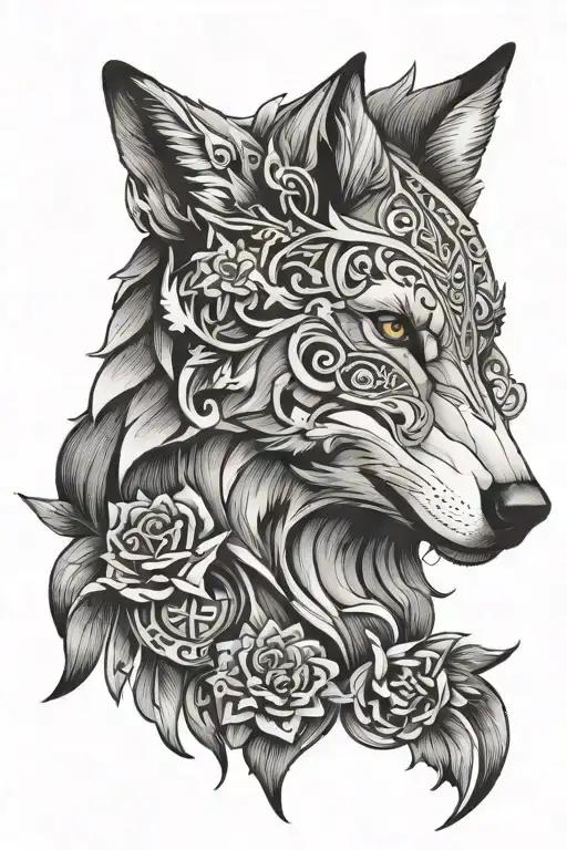 Create a tattoo featuring a timeline of key events in Turkish history intertwined with a powerful wolf motif, executed in black-grey style tattoo design idea