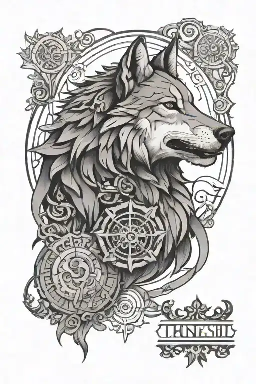 Create a tattoo featuring a timeline of key events in Turkish history intertwined with a powerful wolf motif, executed in black-grey style tattoo design idea