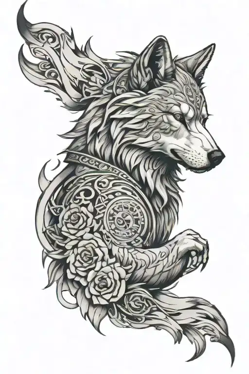 Create a tattoo featuring a timeline of key events in Turkish history intertwined with a powerful wolf motif, executed in black-grey style tattoo design idea