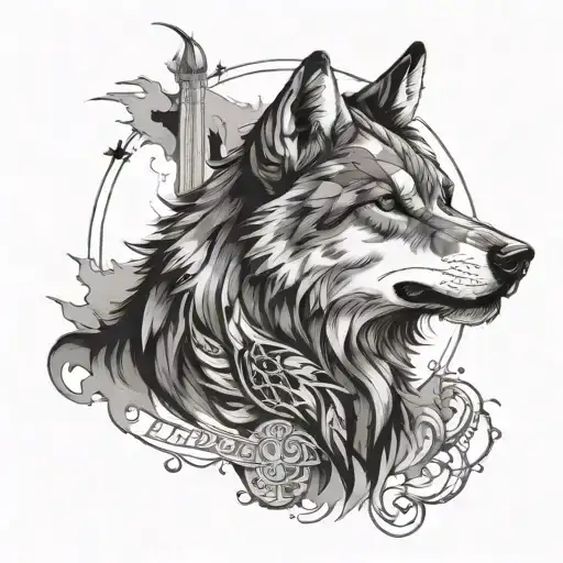 Create a tattoo featuring a timeline of key events in Turkish history intertwined with a powerful wolf motif, executed in black-grey style tattoo design idea