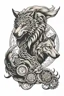 Create a tattoo featuring a timeline of key events in Turkish history intertwined with a powerful wolf motif, executed in black-grey style tattoo design idea
