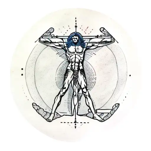 Vitruvian man with ancient roman scriptures on the top and bottom around it tattoo design idea
