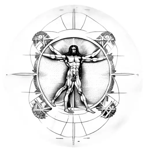 Vitruvian man with ancient roman scriptures on the top and bottom around it tattoo design idea