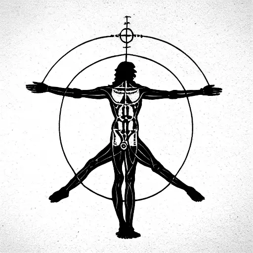 Vitruvian man with ancient roman scriptures on the top and bottom around it tattoo design idea