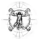 Vitruvian man with ancient roman scriptures on the top and bottom around it tattoo design idea