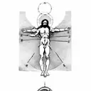 Vitruvian man with ancient roman scriptures on the top and bottom around it tattoo design idea