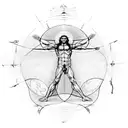 Vitruvian man with ancient roman scriptures on the top and bottom around it tattoo design idea