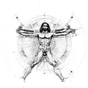 Vitruvian man with ancient roman scriptures on the top and bottom around it tattoo design idea
