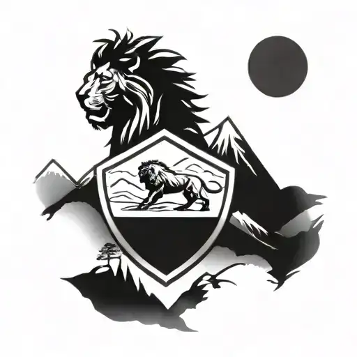 A Spartan shield with a lion emblem surrounded my mountain range tattoo design idea