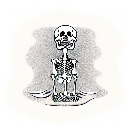 Skeleton of a sitting dog giving the leg to a human skeleton on his knees on a red heart-shaped background tattoo design idea