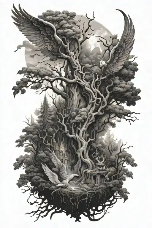 heaven and hell themed forest tattoo design idea