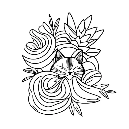 A minimalist tattoo of a cat sleeping on a bed of strelitzia flowers tattoo design idea
