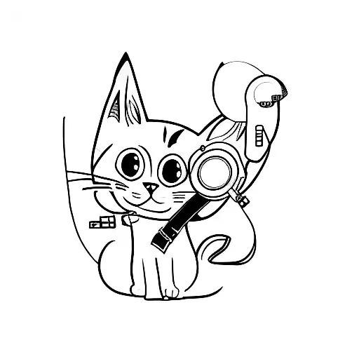 A minimalist tattoo of a cat listening to music surrounded by anime characters tattoo design idea