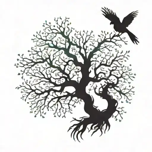 a small tattoo, a tree from a branch of which an infinity sign appears at the end of which a bird sits tattoo design idea