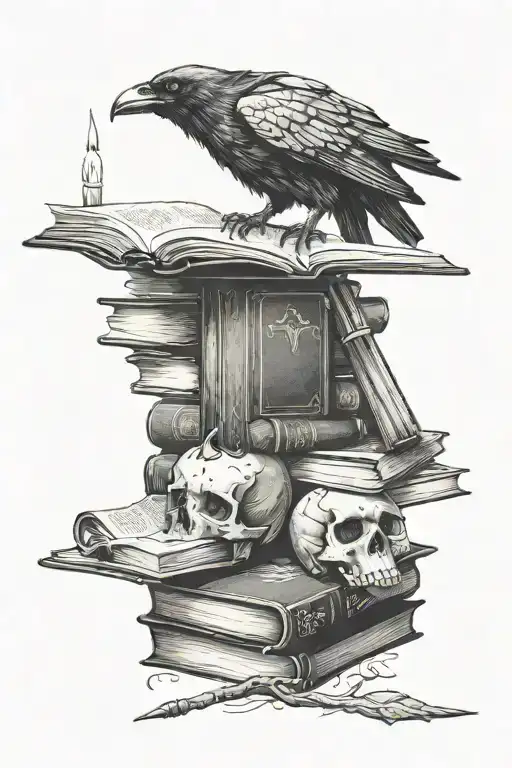 Raven perched on a stack of spell books Skull placed on top of the books Two candles positioned on either side tattoo design idea