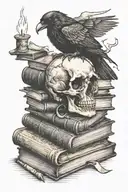 Raven perched on a stack of spell books Skull placed on top of the books Two candles positioned on either side tattoo design idea