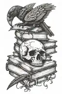 Raven perched on a stack of spell books Skull placed on top of the books Two candles positioned on either side tattoo design idea