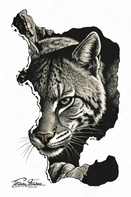 bobcat stealthily climbing mountain tattoo design idea
