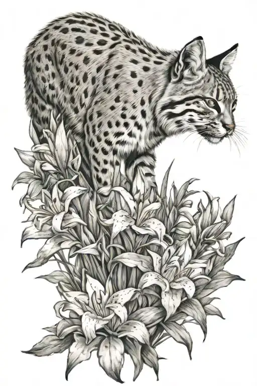 bobcat stealthily climbing flowers: Lily tattoo design idea