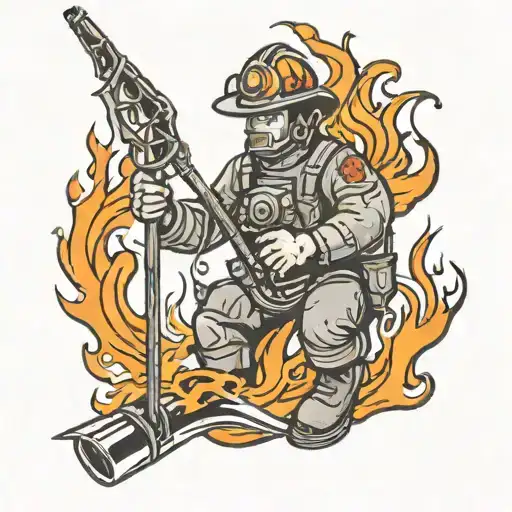 A new-school design of a firefighter holding a fishing rod with flames and water elements intertwined tattoo design idea