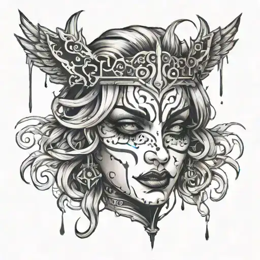 justicia with a psychopathic smile and tears flowing from its eyes tattoo design idea