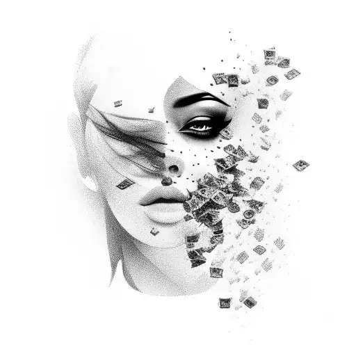 A sensual black and grey portrait of a seductive figure with money raining down around them, capturing the essence of lust and wealth. tattoo design idea
