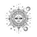 sun near butterfly, two hearts, moon, stars tattoo design idea