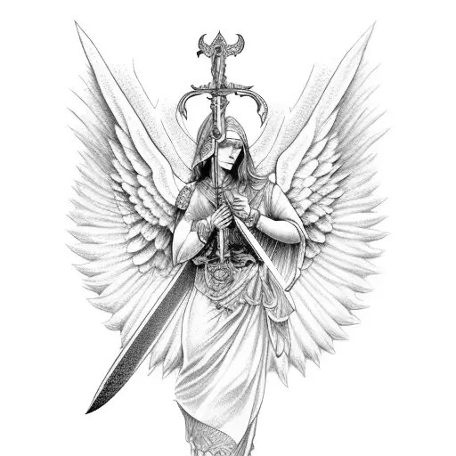 Create a tattoo of a guardian angel holding a sword  tattoo design idea