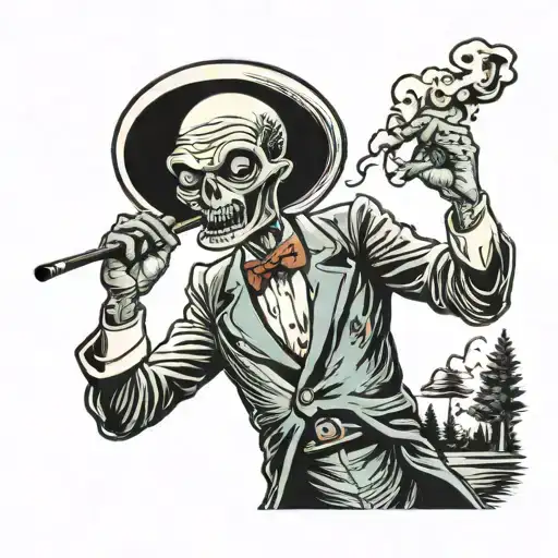 A traditional style alien smoking a joint while teeing off on a golf course tattoo design idea