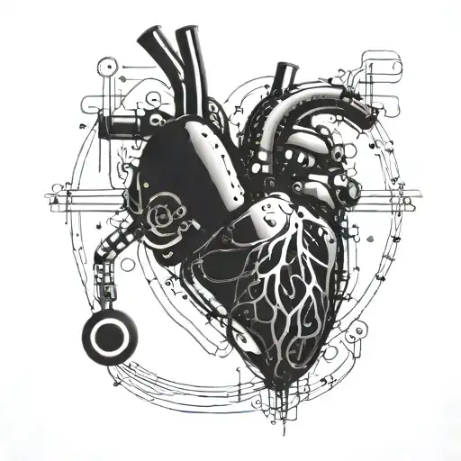 A cybernetic heart with pulsating lights and musical symbols embedded in its design tattoo design idea