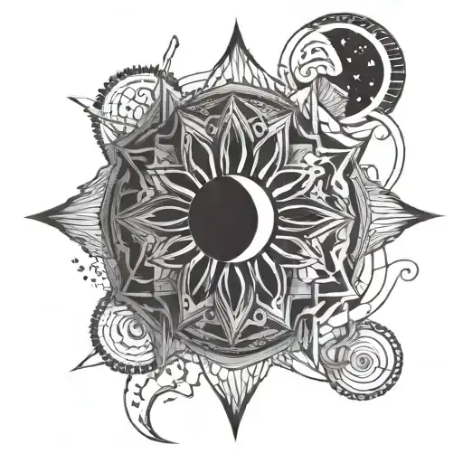 sun and moon and mandala design incorporating elements tattoo design idea