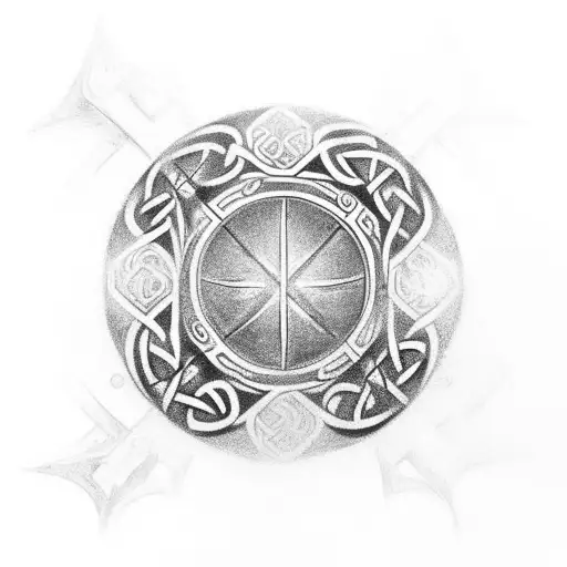 large circular upper back tattoo, Celtic, shield, ancient, high resolution, runes, black and grey tattoo design idea