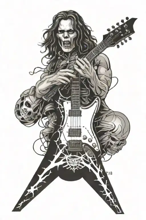 Incorporate Metallica's 'Master of Puppets' album art into a guitar silhouette tattoo tattoo design idea