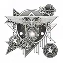 An abstract design incorporating Metallica's logo with economic graphs and charts tattoo design idea