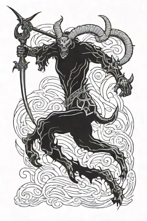 side view of goat devil charging with a pitchfork tattoo design idea