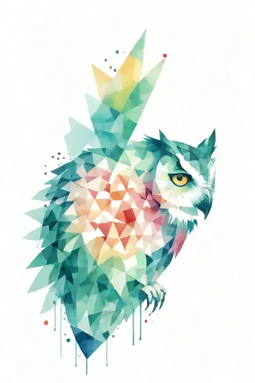 an owl, half grafic design geometrical forms triangles the other half an explosion of colors  tattoo design idea