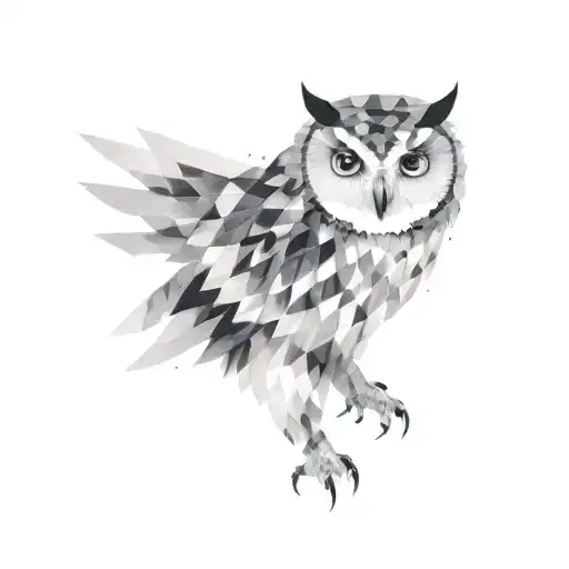 owl facing forward half is a geometric pattern in black/white, graphic design half an explosion of flashy colors tattoo design idea
