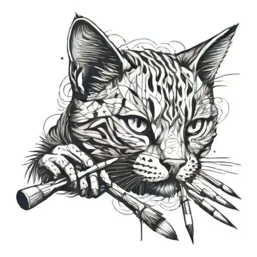 Intricate line work depicting a cat playing with paintbrushes tattoo design idea