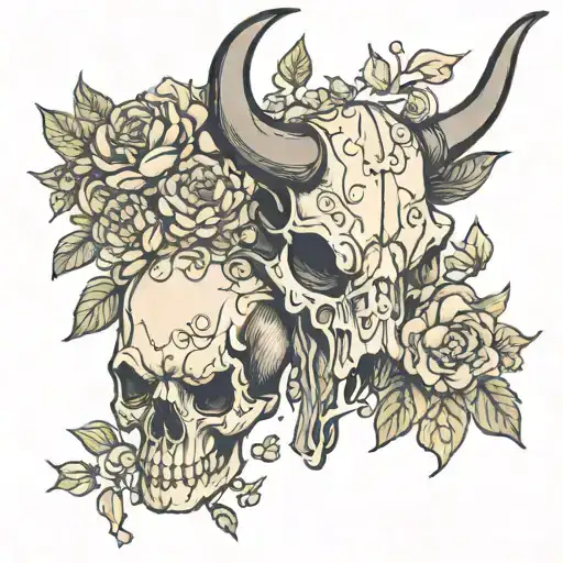 bull skull with hyacinth flower and mum flower tattoo design idea
