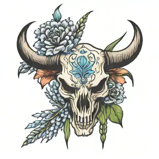bull skull with hyacinth flower and cattail flower tattoo design idea